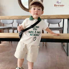 Set đồ bộ thun ngắn tay bé trai polo hàn quốc gồm áo phông màu trắng Meeting you quần thô mềm 1 đến 7 tuổi BERNIE
