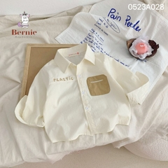 Áo sơ mi ngắn tay bé trai đáp túi chữ Plastic vintage chất thô đũi mềm cho bé 1 đến 7 tuổi BERNIE