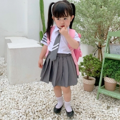 Set đồ sơ mi đồng phục đôi ngắn tay cho bé trai bé gái phối sọc kèm cà vạt đi học đi chơi 1đến 7t BERNIE 23B356