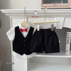 Bộ quần áo vest set sơ mi công tử bé trai đính nơ rời kèm quần short ngắn mặc sinh nhật đi chơi đi tiệc 1 đến 7 tuổi BERNIE