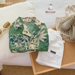 Set sơ mi tơ đũi cho bé trai đi biển đi chơi áo họa tiết hoa lá cây dừa nổi bật kèm quần ngắn BERNIE