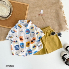 Set sơ mi tơ đũi cho bé trai đi biển đi chơi áo họa tiết hoa lá cây dừa nổi bật kèm quần BERNIE