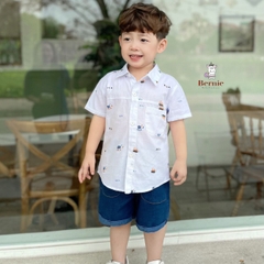 Set đồ sơ mi trắng thô mềm ngắn tay họa tiết ô tô cho bé trai phối quần short jean hàn đi chơi đi học sành điệu 1 đến 7 tuổi BERNIE Heo Có Cổ
