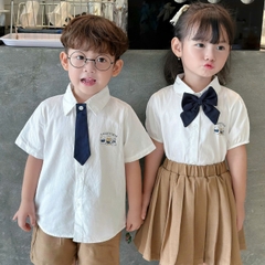 Set đồ sơ mi ngắn tay đồng phục đôi cho bé trai bé gái kèm cà vạt nơ đi học đi chơi 11 tới 28kg BERNIE 0724B41G