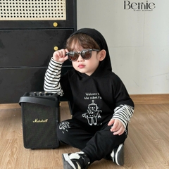 Set bộ thun dài tay robot phối tay kẻ có mũ cho bé trai bé gái đi chơi đi học 1 đến 7 tuổi BERNIE 0624B30