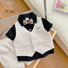 Set bộ vest gile công tử bé trai áo sơ mi tay ngắn màu đen phối gile kèm nơ 1 đến 7T BERNIE 0724B26