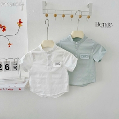 Set bộ quần áo sơ mi cho bé trai gồm áo sơ mi cổ trụ phối nắp túi thêu kèm quần thô mềm cho bé từ 9 đến 28kg BERNIE P1124B30