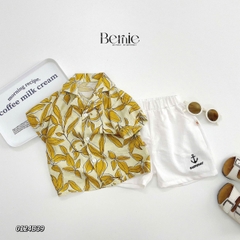 Set sơ mi đũi unisex bé trai bé gái đi biển họa tiết đi biển lá nổi bật size 1 đến 7 tuổi BERNIE 0124B39