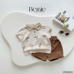 Set bộ polo cho bé trai màu nâu họa tiết cây dừa in tràn kèm quần short đùi kaki 1 đến 7 tuổi BERNIE H1124B14