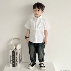 Áo sơ mi trắng công tử cộc tay xếp ly nổi cho bé trai size 9kg tới 28kg BERNIE H0125A16