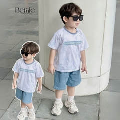 Set bộ loang tay ngắn cho bé trai họa tiết in chữ áo thun phối màu kèm quần short jean size 9 đến 28kg BERNIE H1124B83
