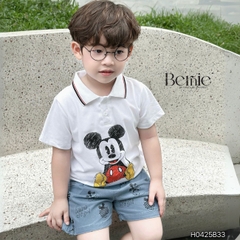 Set bộ tay ngắn cho bé trai áo polo họa tiết mickey và quần short jean in tràn size 1 đến 7 tuổi BERNIE Kids H0425B33
