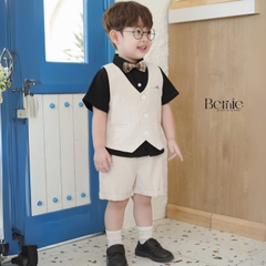 Set bộ vest gile công tử bé trai áo sơ mi tay ngắn màu đen phối gile kèm nơ 1 đến 7T BERNIE 0724B26