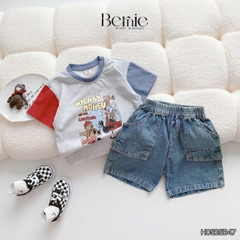 Set bộ tay ngắn phối màu họa tiết carnival kèm quần short jean cho bé trai 11kg tới 28kg BERNIE H0525B47