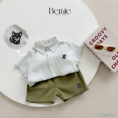 Set sơ mi ngắn tay kẻ sọc bé trai họa tiết thêu cáo kèm quần short cho bé từ 9kg tới 28kg BERNIE P0125B28
