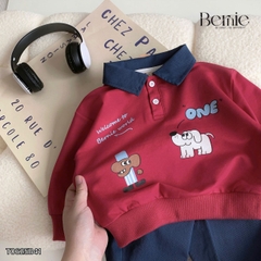 Set bộ polo tay dài áo polo đỏ họa tiết cún cho bé trai kèm quần jean dài size 1 đến 7 tuổi BERNIE T0625B41