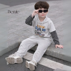 Set bộ tay dài thể thao unisex tay áo phối kẻ áo có mũ họa tiết ô tô đi chơi đi học 1 đến 7 tuổi BERNIE H0725B55