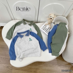 Set bộ polo tay dài raplang phối màu họa tiết thêu khủng long kèm quần dài cho bé trai size 1 đến 7 tuổi BERNIE H0425B59