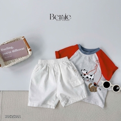 Set bộ tay ngắn raplang cho bé trai áo thun cotton họa tiết Happy Dog và quần short đùi kaki 1 đến 7 tuổi BERNIE H0625B01