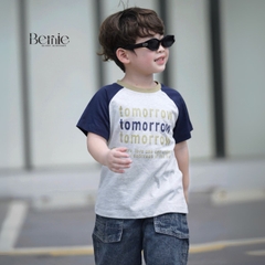Set bộ tay ngắn raplang phối màu áo thun họa tiết Tomorrow và quần short jean bé trai 1 đến 7 tuổi BERNIE H0725B19