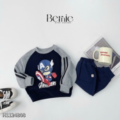 Set bộ dài cho bé trai tay áo raplang phối màu họa tiết siêu anh hùng kèm quần dài 1 đến 7 tuổi BERNIE H1124B08