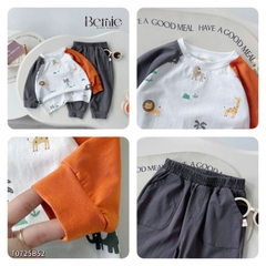 Set bộ thun cotton tay raplang dài phối màu cho bé trai họa tiết in tràn kèm quần dài 9 tới 28kg BERNIE T0725B52