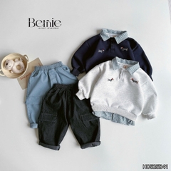 Set bộ nỉ tay dài phối cổ sơ mi sọc họa tiết thêu cún dễ thương kèm quần dài cho bé trai size 1 đến 7 tuổi BERNIE H0525B41