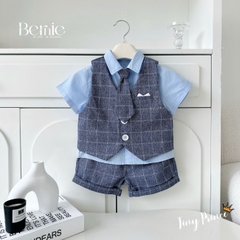  Set bộ vest gile công tử 4CT cho bé trai áo sơ mi tay ngắn phối gile kẻ kèm quần và cà vạt 1 đến 6 tuổi BERNIE T0825B06