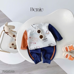 Set bộ thun cotton dài tay cho bé trai áo thun họa tiết hình in dễ thương kèm quần dài size 9 tới 28kg BERNIE T0825B09