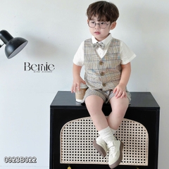 Set bộ quần áo vest set sơ mi ngắn tay công tử bé trai đính nơ rời mặc sinh nhật đi chơi đi tiệc 1 đến 7 tuổi BERNIE
