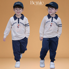 Set bộ bé trai áo thun polo cotton tay dài phối màu họa tiết ngựa kèm quần dài size 9 tới 28kg BERNIE H0825B31