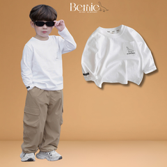 Áo thun cho bé trai tay dài phối túi ngực họa tiết khủng long size 9 tới 28kg BERNIE T0725A56