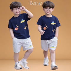 Set bộ cotton planet vũ trụ  rực rỡ sắc màu cho bé trai áo thun cotton họa tiết khám phá vũ trụ và quần short đùi 1 đến 7 tuổi BERNIE T1025B24Đ