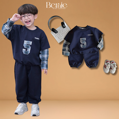 Set bộ thun da cá dài tay áo phối màu họa tiết chữ số 5 kèm quần dài size 9 tới 28kg BERNIE H0925B03