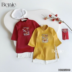 Set áo dài bé trai kèm quần chất lụa vân gỗ họa tiết thêu Hạc xuân mặc Tết size 9 đến 25kg BERNIE H0925B09