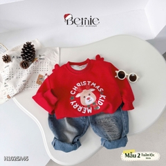 Áo Noel màu đỏ áo thun Giáng sinh dài tay phối sừng tuần lộc 3D trên vai cho bé trai bé gái size 1 đến 7 tuổi BERNIE H1025A45