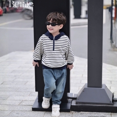 Áo hoodie dài tay unisex kẻ ngang phối mũ và dây kéo cho bé trai bé gái size 9 tới 28kg BERNIE T1025A35Đ
