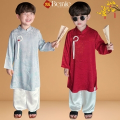 Set áo dài cách tân màu đỏ xanh bé trai Uy Vân gấm vân cát size 9 đến 25kg BERNIE T1025B01