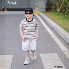  Set bộ kẻ ngang cho bé trai áo cotton tay ngắn đính tag kèm quần short kaki size 9kg tới 28kg BERNIE KIDS T1125B23