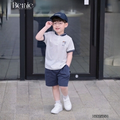 Set bộ tay ngắn áo cổ trụ họa tiết Gấu bóng chày kèm quần short bé trai size 9 tới 28kg BERNIE H1025B54