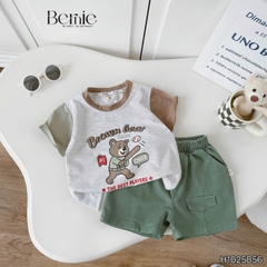 Set bộ tay ngắn phối màu họa tiết Sóc và Gấu kèm quần short kaki cho bé trai 9 tới 28kg BERNIE H1025B56