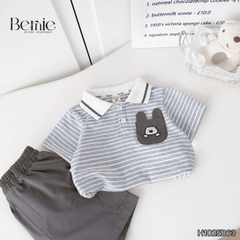 Set bộ polo tay ngắn cổ dệt họa tiết kẻ ghi phối túi ngực kèm quần short kaki size 1 đến 7 tuổi BERNIE H1025B63