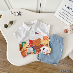 Set bộ polo cho bé trai áo tay ngắn họa tiết Memorie đa sắc kèm quần short kaki size 9 đến 25kg BERNIE T1025B84Đ 