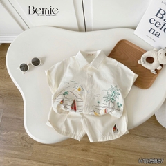 Set sơ mi ngắn tay đi biển cho bé trai bé gái họa tiết Tiny kèm quần short kaki size 9 tới 25kg BERNIE H1025B57