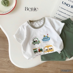 Set bộ tay ngắn thun cotton họa tiết Travel vui tươi kèm quần short cho bé trai size 9 tới 28kg BERNIE T1025B70