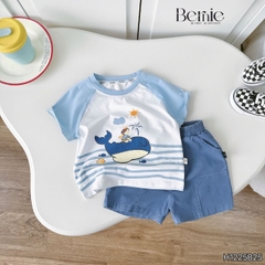 Set bộ ngắn tay raplang họa tiết Cá voi nghộ nghĩnh kèm quần short kaki cho bé trai size 9 tới 28kg BERNIE H1125B25