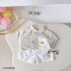  Set bộ sơ mi tay ngắn cho bé trai họa tiết kẻ DƯA HẤU kèm quần short kaki size 9 đến 25kg BERNIE H1225B19Đ