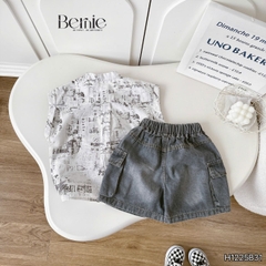 Set bộ sơ mi áo tanktop họa tiết graphic Secret cho bé trai kèm quần short jean 9kg đến 28kg BERNIE H1225B31