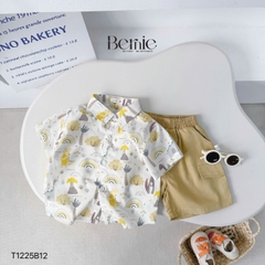 Set bộ sơ mi đi chơi đi biển tay ngắn họa tiết in tràn Cầu vồng kèm quần short cho bé trai size 11 tới 28kg BERNIE T1225B12