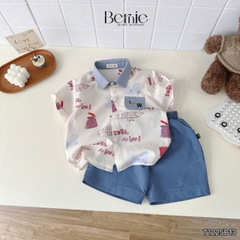 Set bộ đi chơi tay ngắn áo sơ mi họa tiết in tràn Idol cho bé trai kèm quần short denim size 11 đến 28kg BERNIE T1255B13